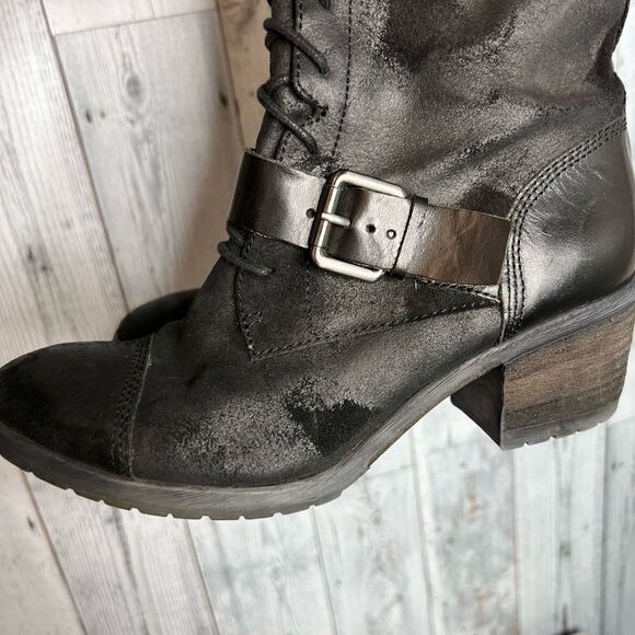 Donald J Pliner black leather distressed patch lace up tall Dnali boots size 8.5 - Picture 11 of 13